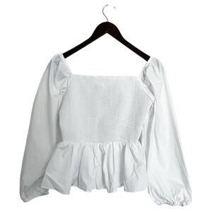 J. Crew Thomas Mason White Cotton Square Neck Long Puff Sleeve Smocked Top